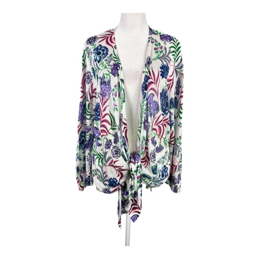 Chico's 3 XL Lightweight Open Cardigan Ramie Rayon White Floral Tie Front